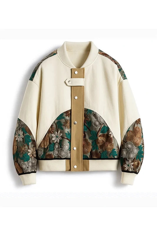 Floral Embroidered Bomber Jacket – Cream Patchwork Snap Button Jacket