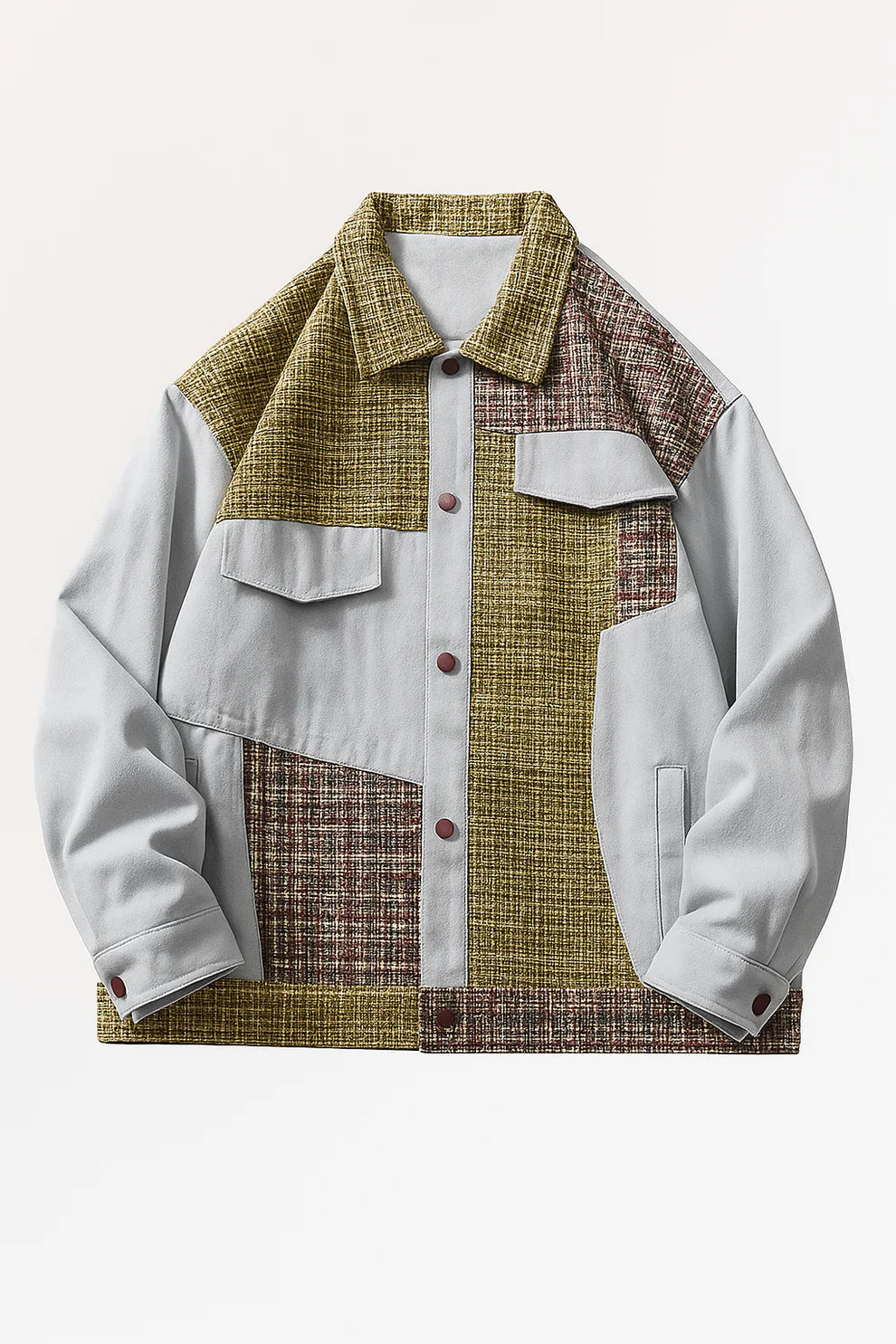 Color Block Patchwork Jacket – Textured Button-Up Winter Jacket