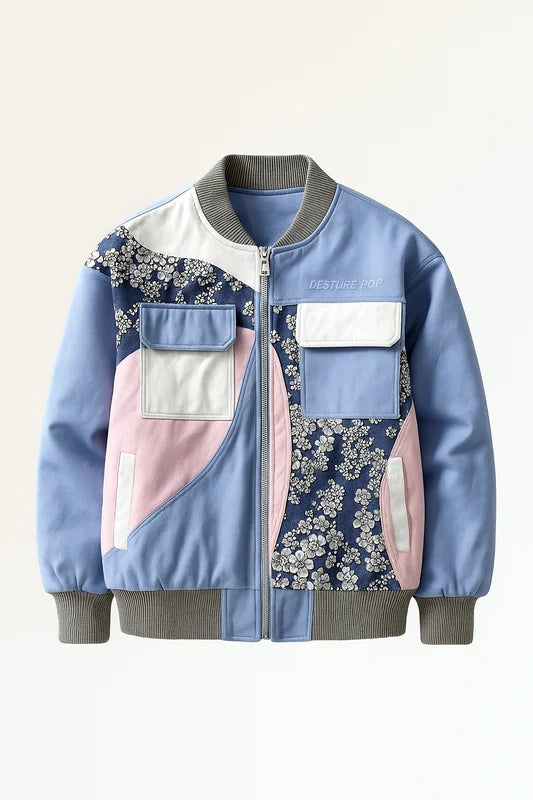 Floral Patchwork Bomber Jacket for Women – Zip-Up Color Block Jacket
