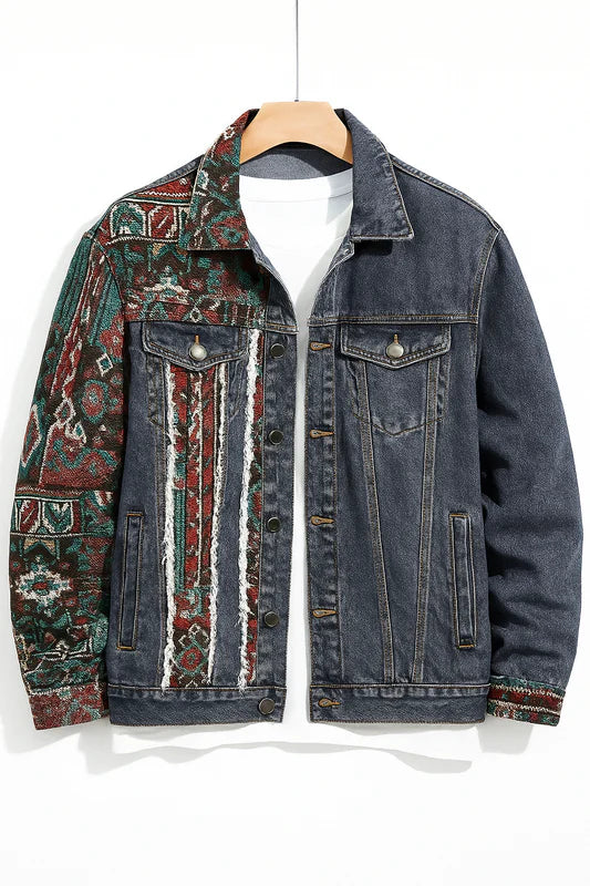 Ethnic Patchwork Denim Jacket – Vintage Tribal Half Panel Jean Jacket