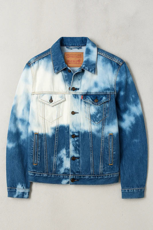 Tie Dye Denim Jacket – Blue Washed Button-Up Jean Jacket