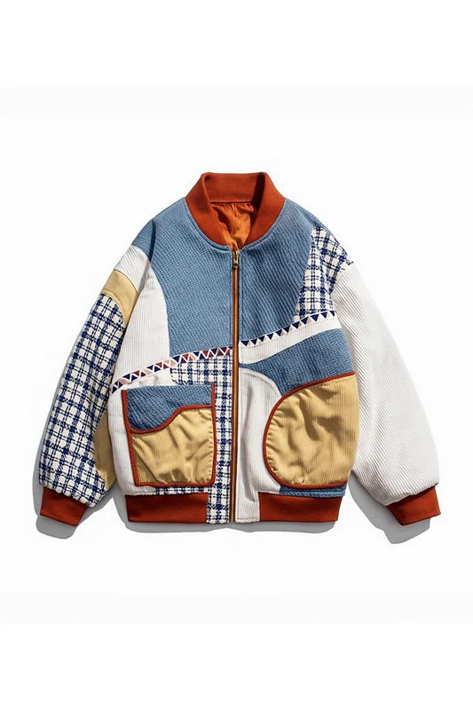 Patchwork Quilted Bomber Jacket for Women – Vintage Zip-Up Winter Jacket
