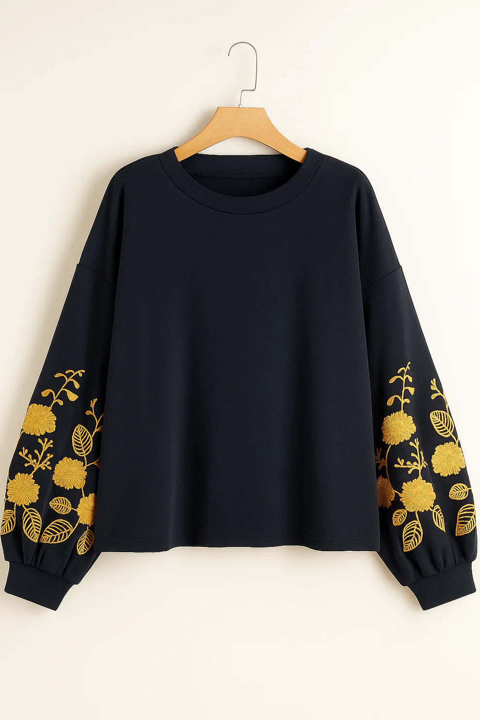 Black Embroidered Floral Sleeve Sweatshirt – Premium Cotton Blend