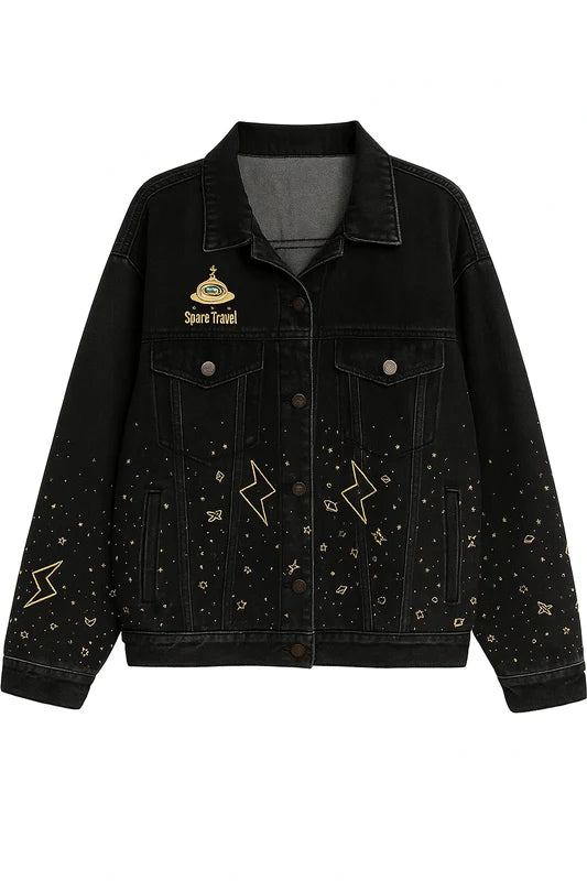 Space Travel Black Denim Jacket – Star & Lightning Print Jean Jacket