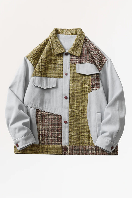 Color Block Patchwork Jacket – Textured Button-Up Winter Jacket