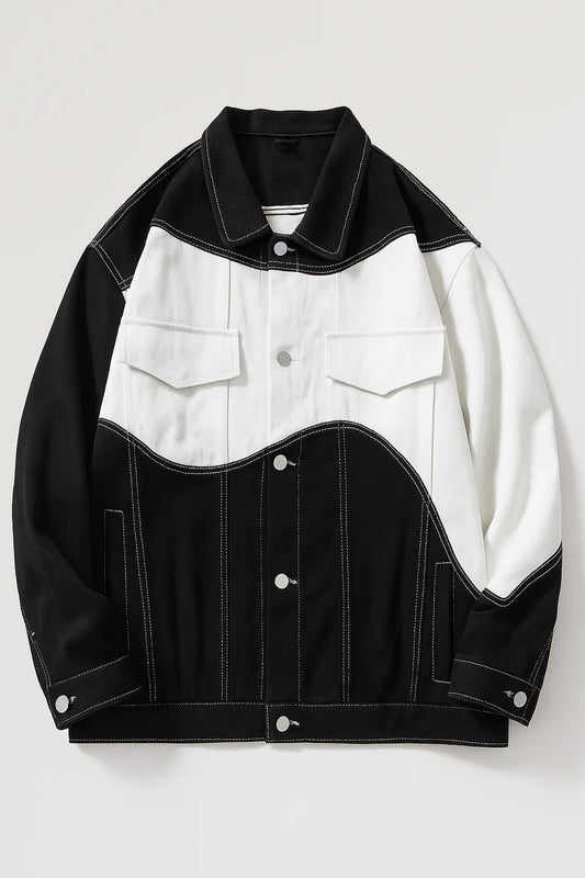 Black & White Color Block Denim Jacket – Contrast Stitch Button-Up Jacket