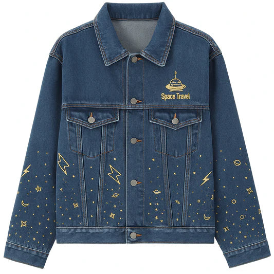 Space Travel Printed Denim Jacket – Star & Lightning Jean Jacket